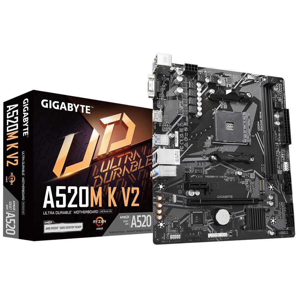 Gigabyte  A520M K V2 Mainboard - Unterstützt AMD Ryzen 5000 Serie AM4 CPUs, bis zu 5100MHz DDR4 (OC), PCIe Gen3 x4 M.2, GbE LAN, USB 3.2 Gen 1 