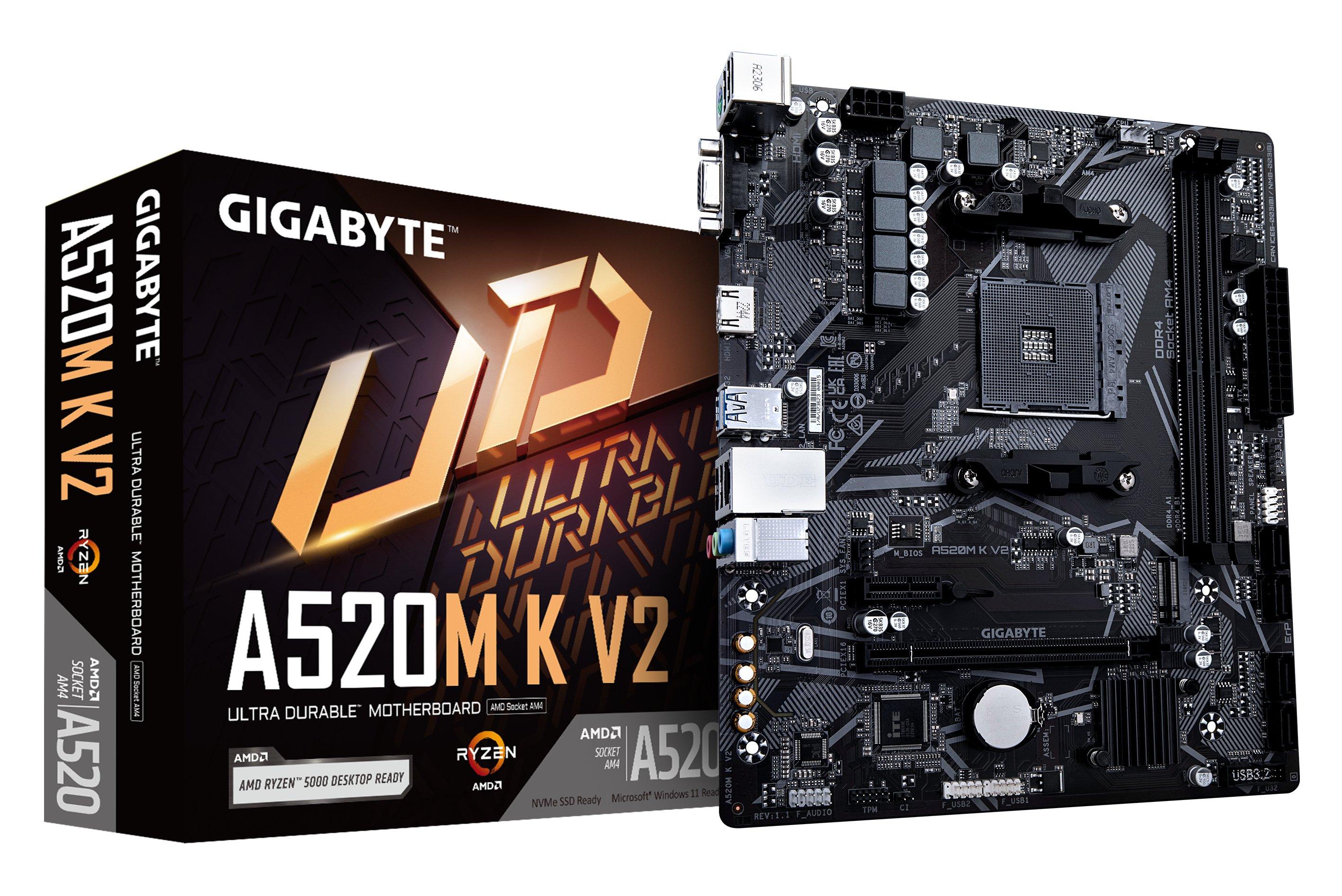 Gigabyte  A520M K V2 Mainboard - Unterstützt AMD Ryzen 5000 Serie AM4 CPUs, bis zu 5100MHz DDR4 (OC), PCIe Gen3 x4 M.2, GbE LAN, USB 3.2 Gen 1 