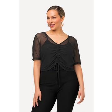 Mesh-Shirt, Slim, V-Ausschnitt, gekräuselter Halbarm