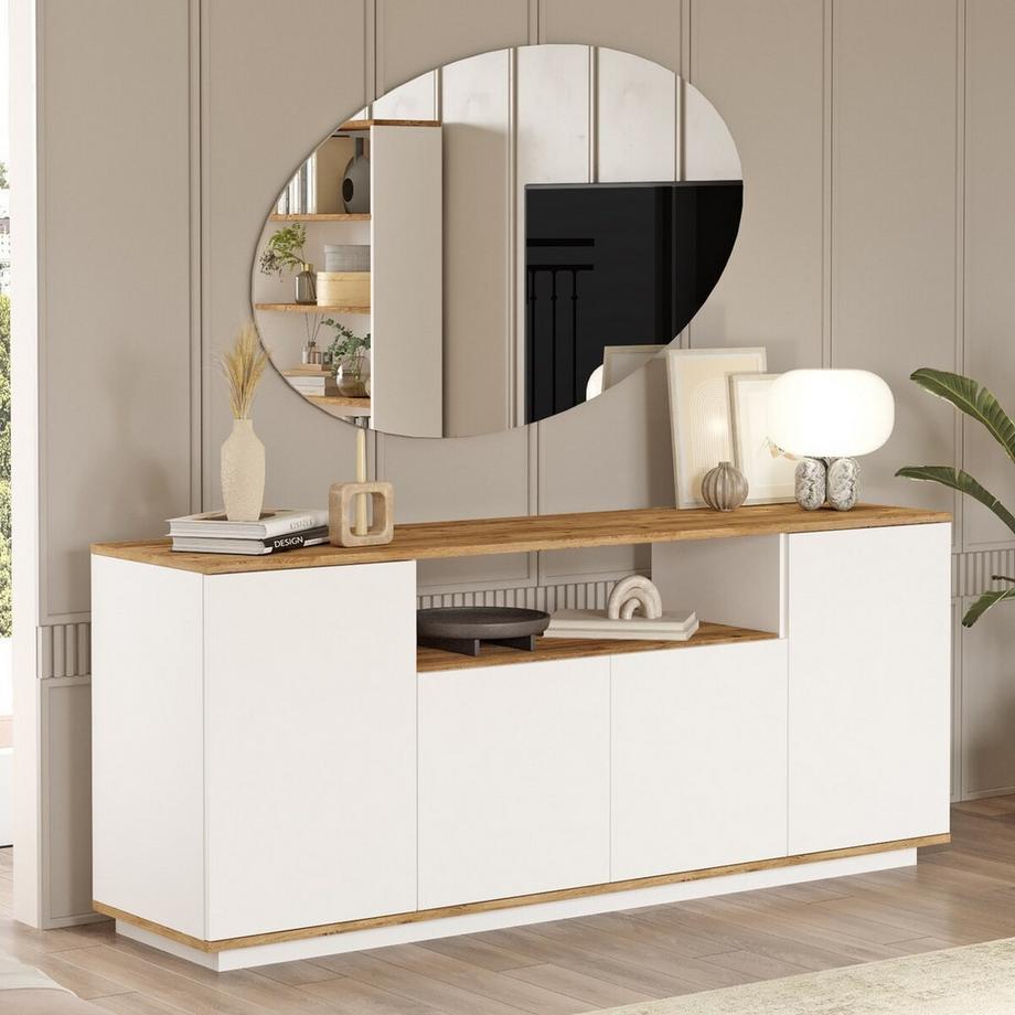 Vente-unique Buffet avec 4 portes et 1 étagère - Blanc et naturel - LOTULA  