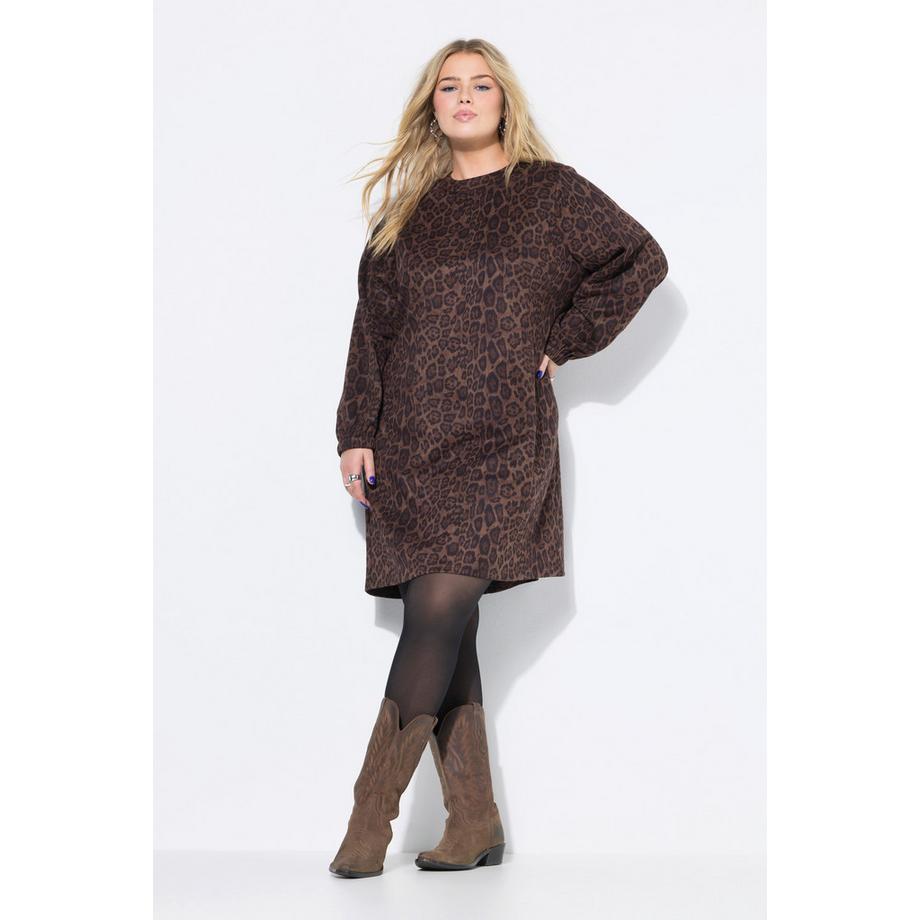 Studio Untold Abito Oversize Scamosciato Stampa Leopardata Maniche a Palloncino  