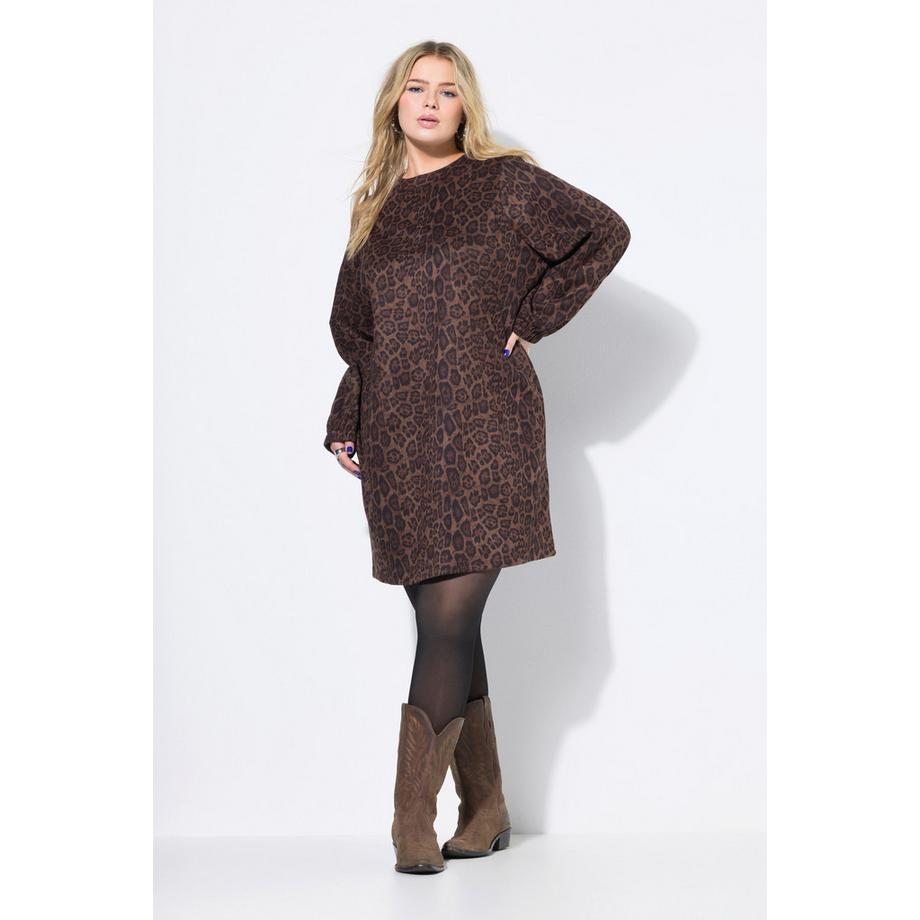 Studio Untold Abito Oversize Scamosciato Stampa Leopardata Maniche a Palloncino  
