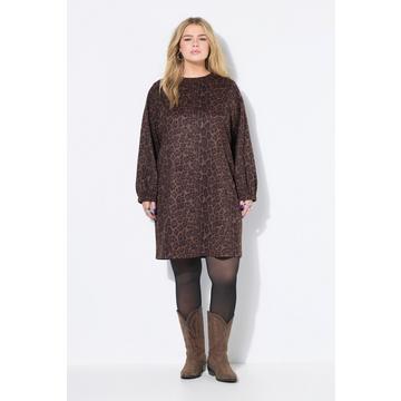 Abito scamosciato dal taglio oversize con design leopardato e maniche a palloncino