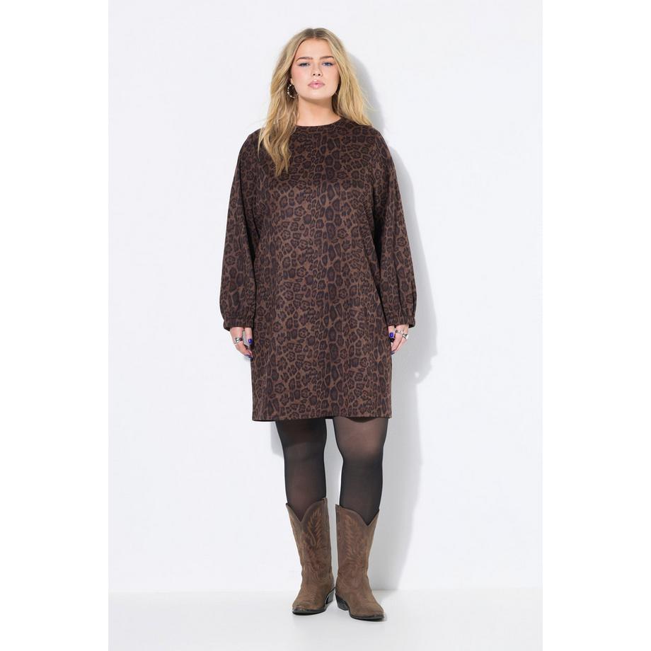 Studio Untold Abito Oversize Scamosciato Stampa Leopardata Maniche a Palloncino  
