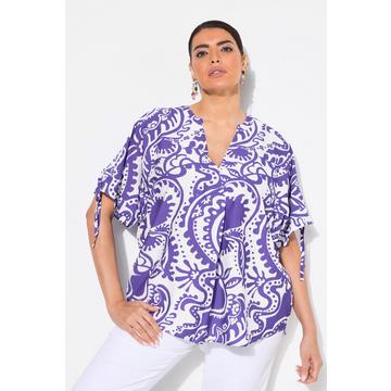 Blusa con Paisley, scollo a V, piega decorative e mezze maniche