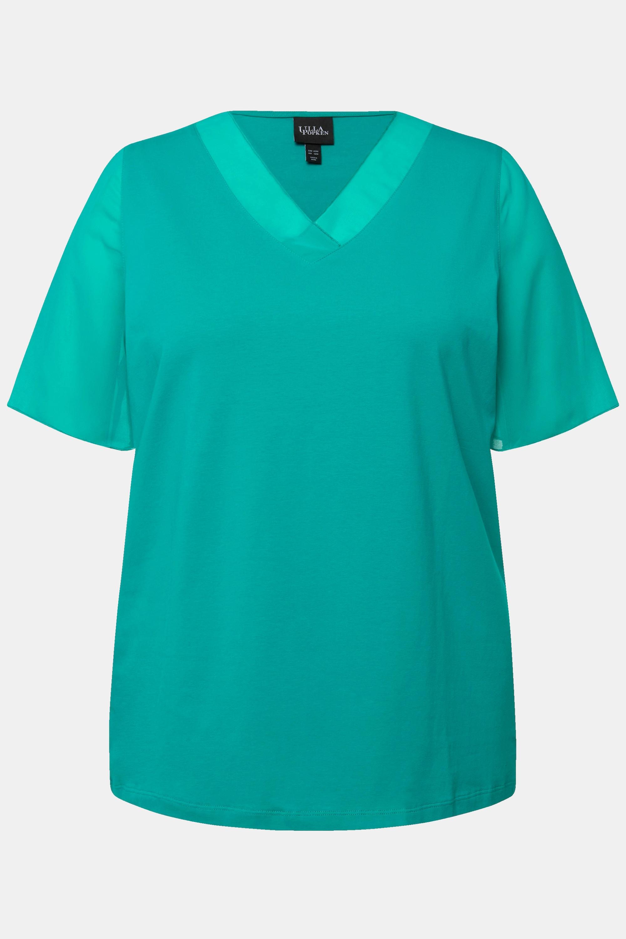 Ulla Popken  T-shirt con rifinitura di chiffon, scollo a V e mezze maniche di chiffon 