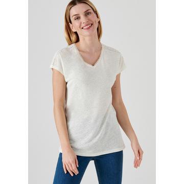 Tee-shirt mélange lin et viscose, col V avec galon croquet, manches T.