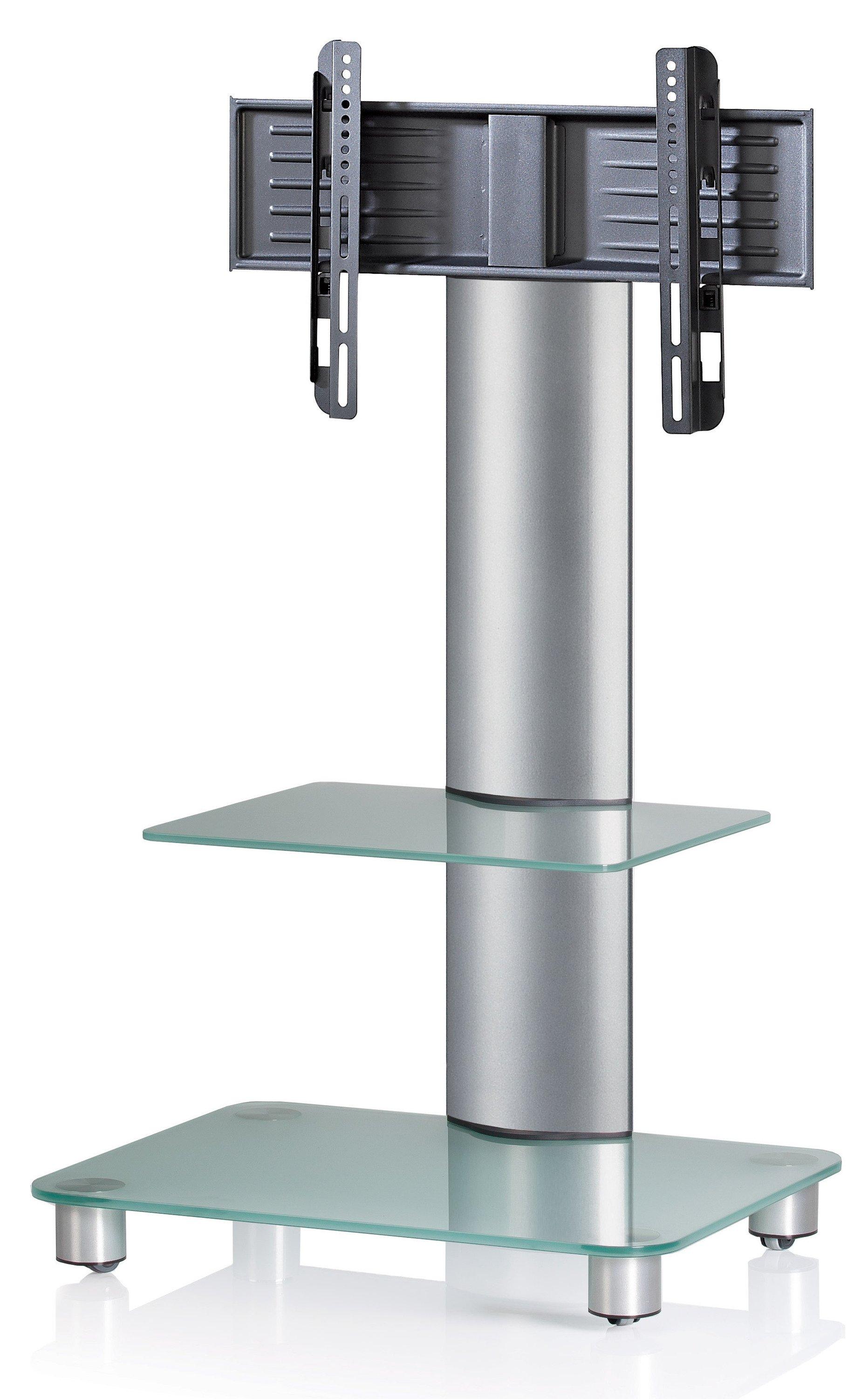 VCM TV Standfuß mit Zwischenboden aus ESG-Sicherheitsglas | Universal TV VESA | Rollen Ständer Fernseh | Rack Alu Glas rollbar | Maße ca. H. 100 x B. 60 x  
