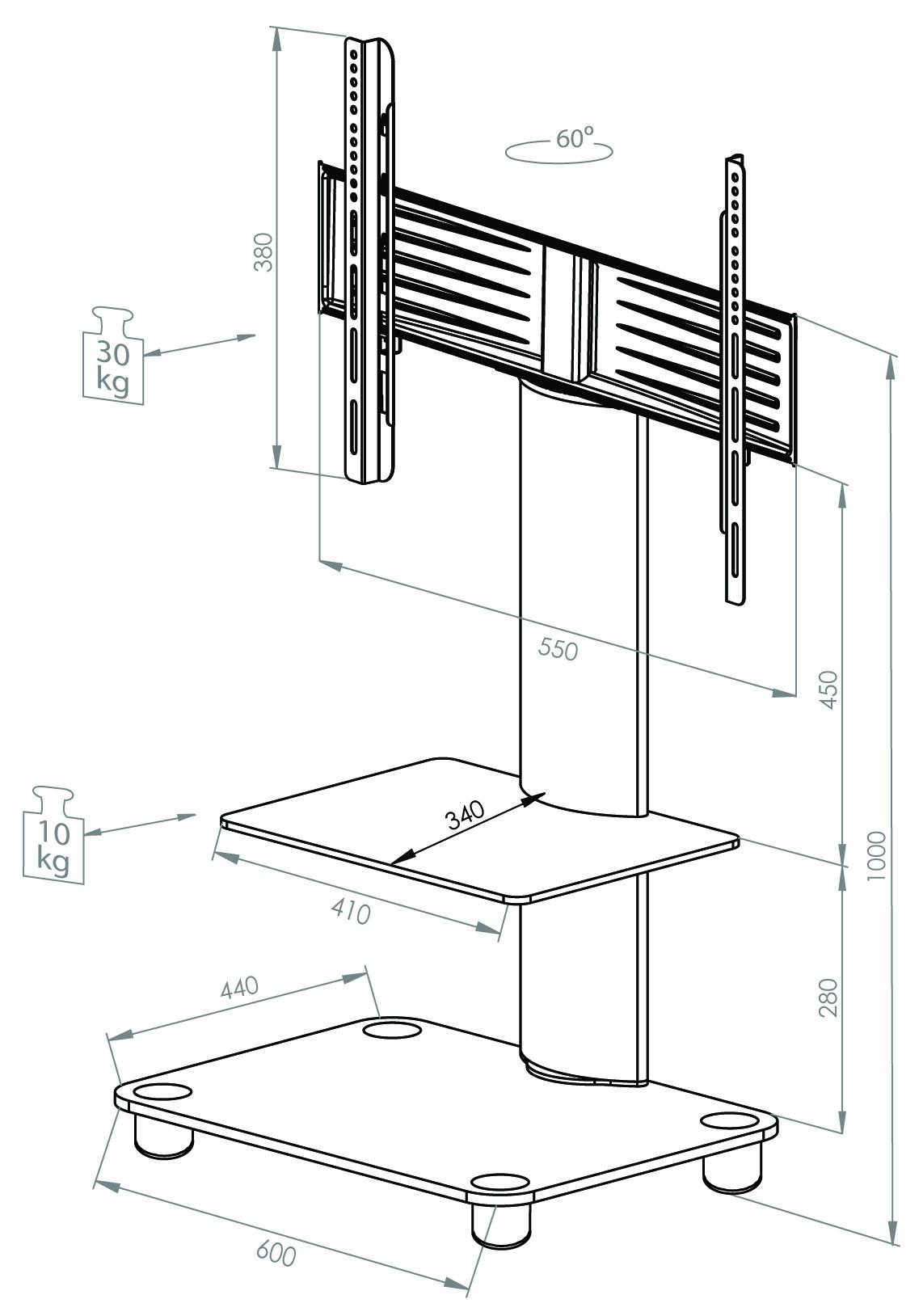 VCM TV Standfuß mit Zwischenboden aus ESG-Sicherheitsglas | Universal TV VESA | Rollen Ständer Fernseh | Rack Alu Glas rollbar | Maße ca. H. 100 x B. 60 x  