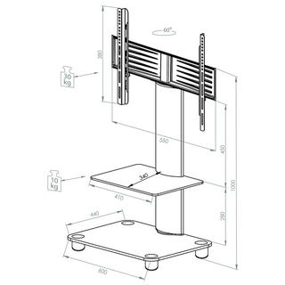 VCM TV Standfuß mit Zwischenboden aus ESG-Sicherheitsglas | Universal TV VESA | Rollen Ständer Fernseh | Rack Alu Glas rollbar | Maße ca. H. 100 x B. 60 x  