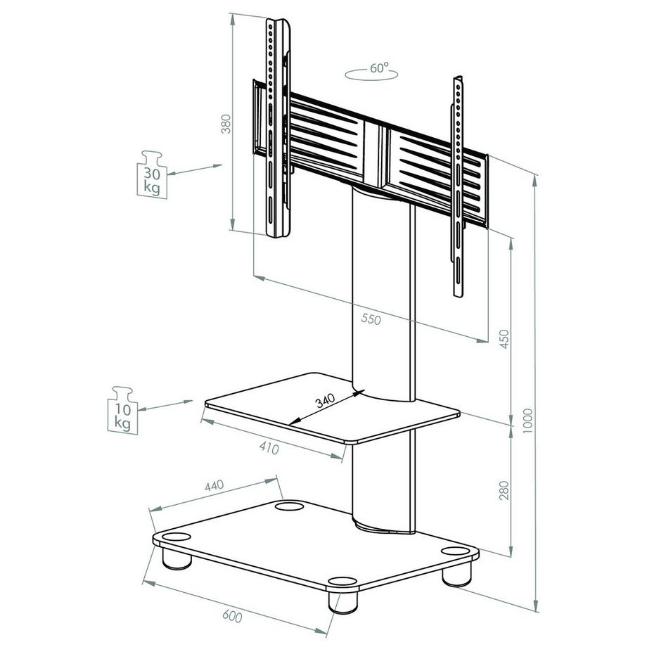 VCM TV Standfuß mit Zwischenboden aus ESG-Sicherheitsglas | Universal TV VESA | Rollen Ständer Fernseh | Rack Alu Glas rollbar | Maße ca. H. 100 x B. 60 x  