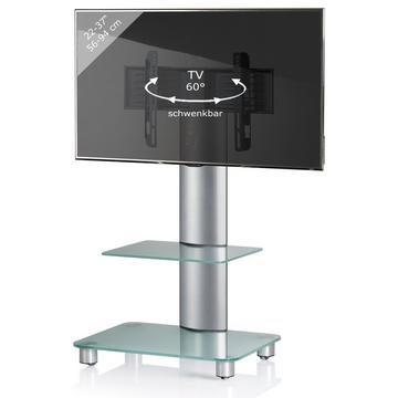 TV Standfuß mit Zwischenboden aus ESG-Sicherheitsglas | Universal TV VESA | Rollen Ständer Fernseh | Rack Alu Glas rollbar | Maße ca. H. 100 x B. 60 x