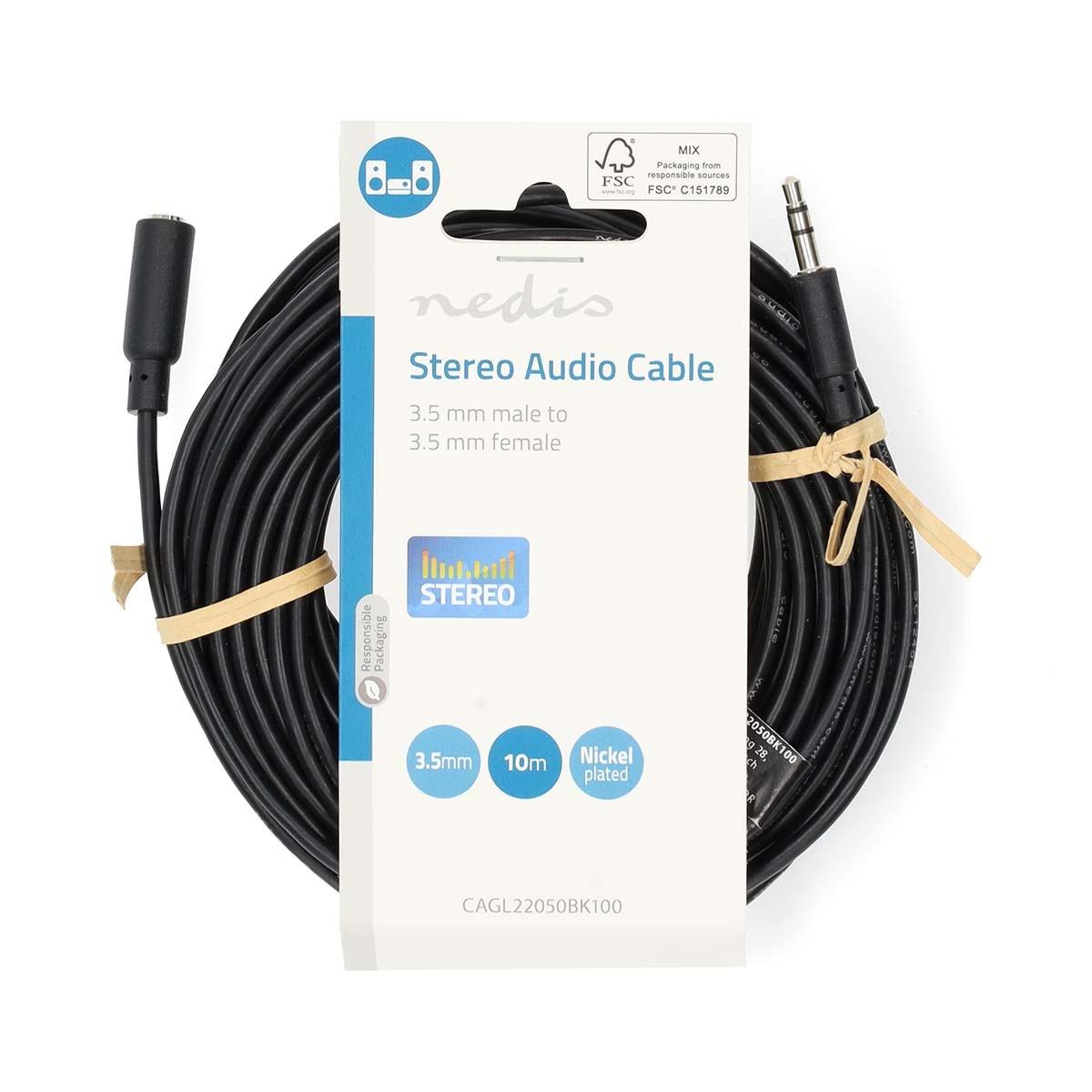 Nedis  Stereo-Audiokabel | 3,5 mm Hane | 3,5 mm Hona | Nickelplaterad | 10,0 m | Rund | Svart | Etikett 