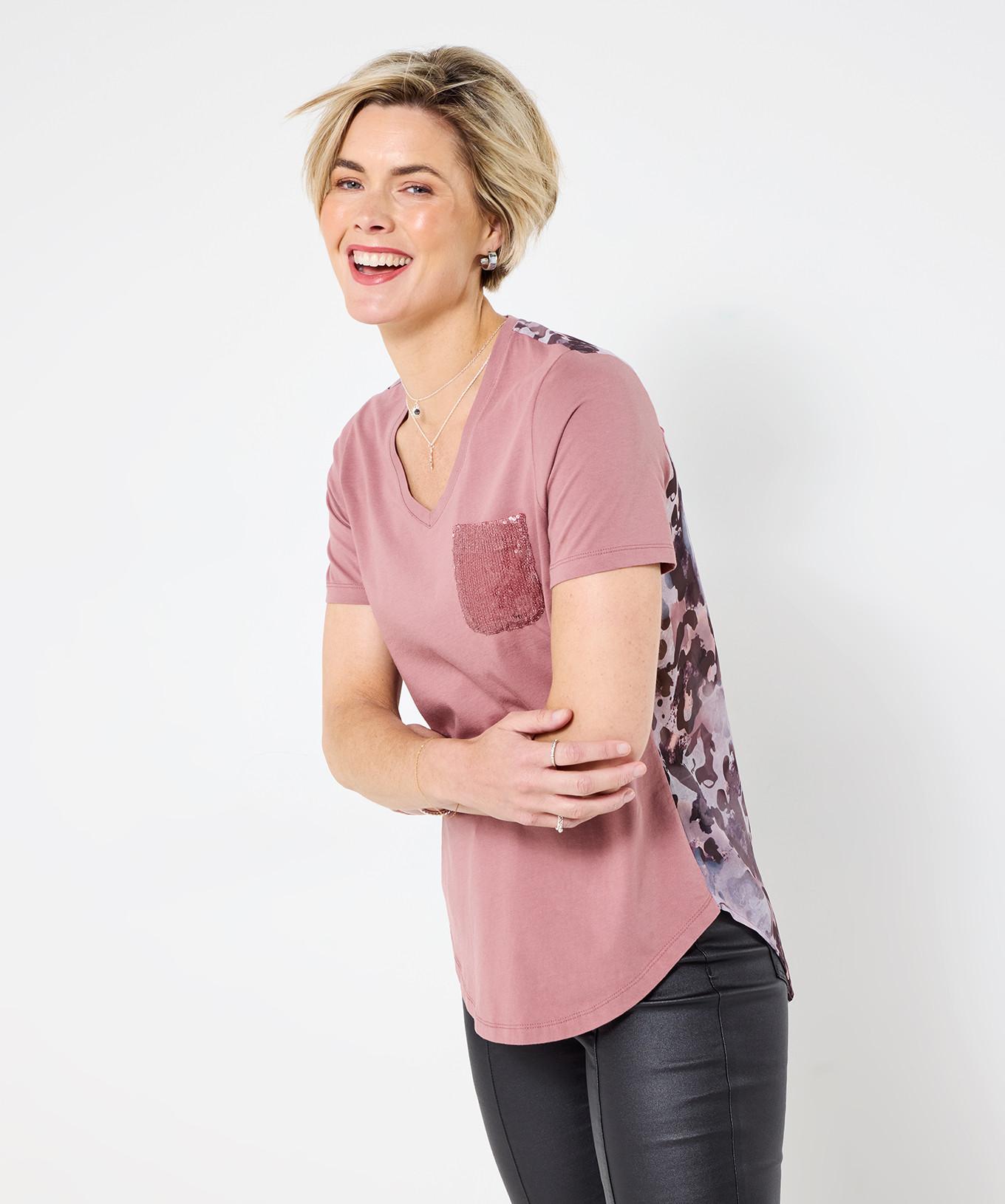 Joe Browns T-shirt rosa pallido con schiena floreale tessuta  