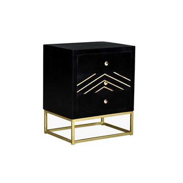 Comodino art déco 3 cassetti PRISMIN Legno di mango e metallo Nero e dorato