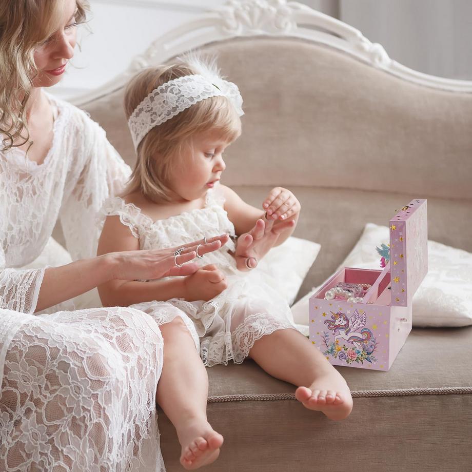 Only-bags.store  Kinderspieluhr Schmuckkästchen mit Spieluhr Einhorn & eingelegten Blumen, Schmuckkästchen mit Melodie 