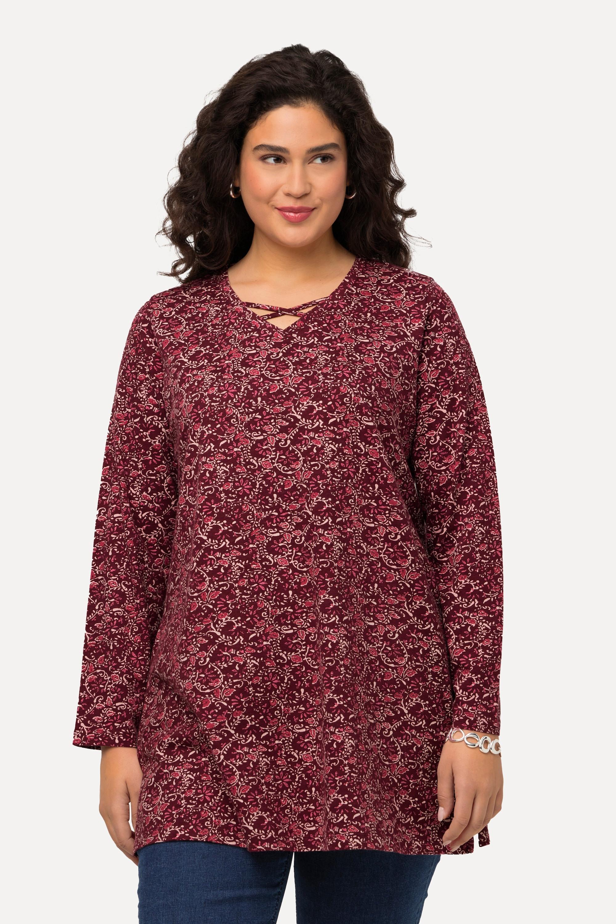 Ulla Popken  Longshirt, A-Linie, V-Ausschnitt mit Zierbändern, Langarm 