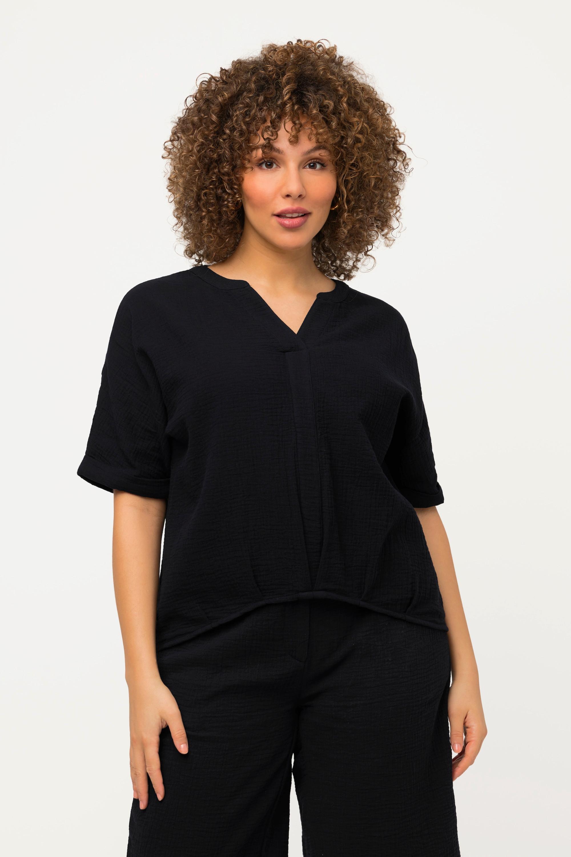 Ulla Popken  Blouse oversized en mousseline à col tunisien et manches courtes 