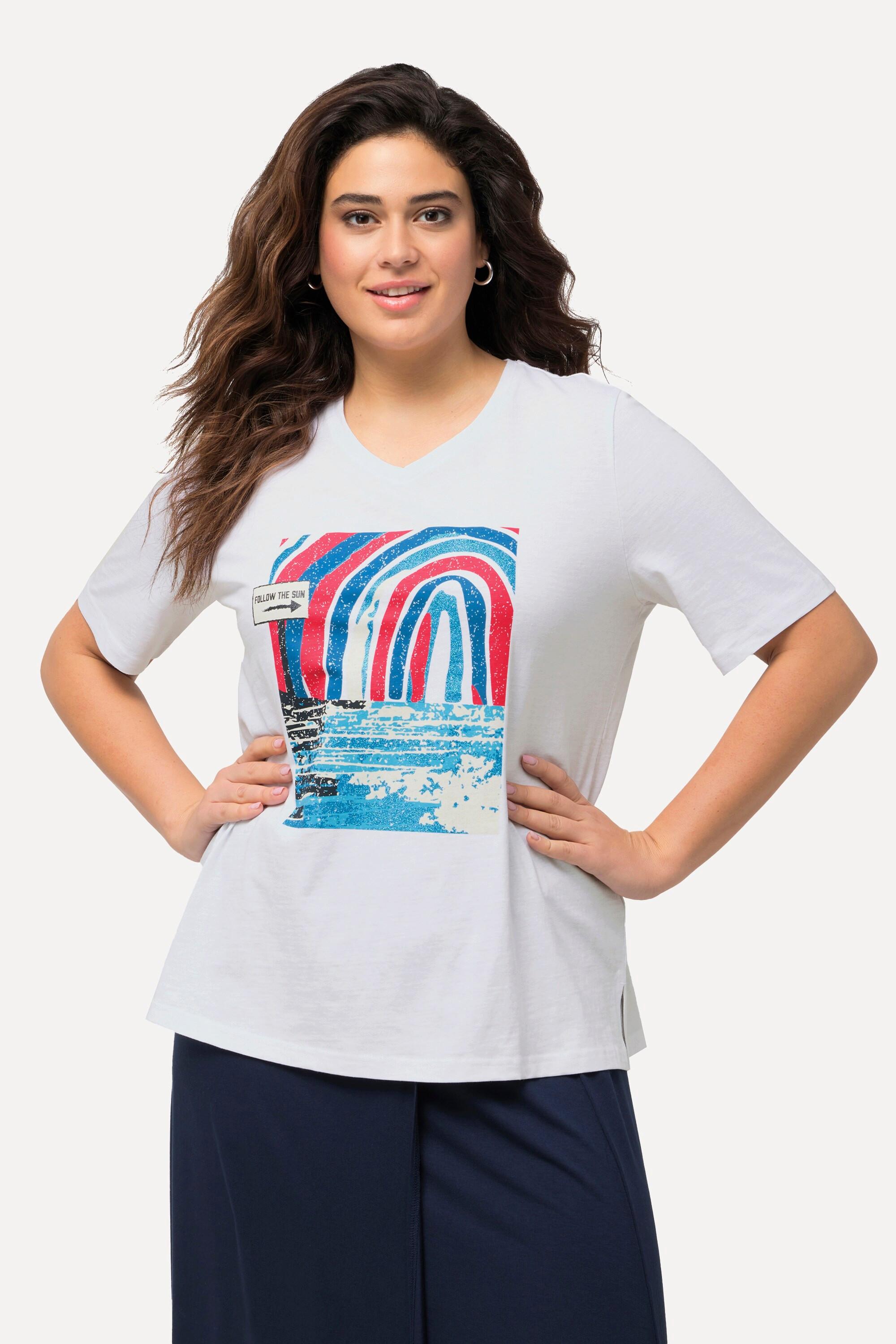 Ulla Popken  T-shirt classica con design marino, scollo a V e mezze maniche 