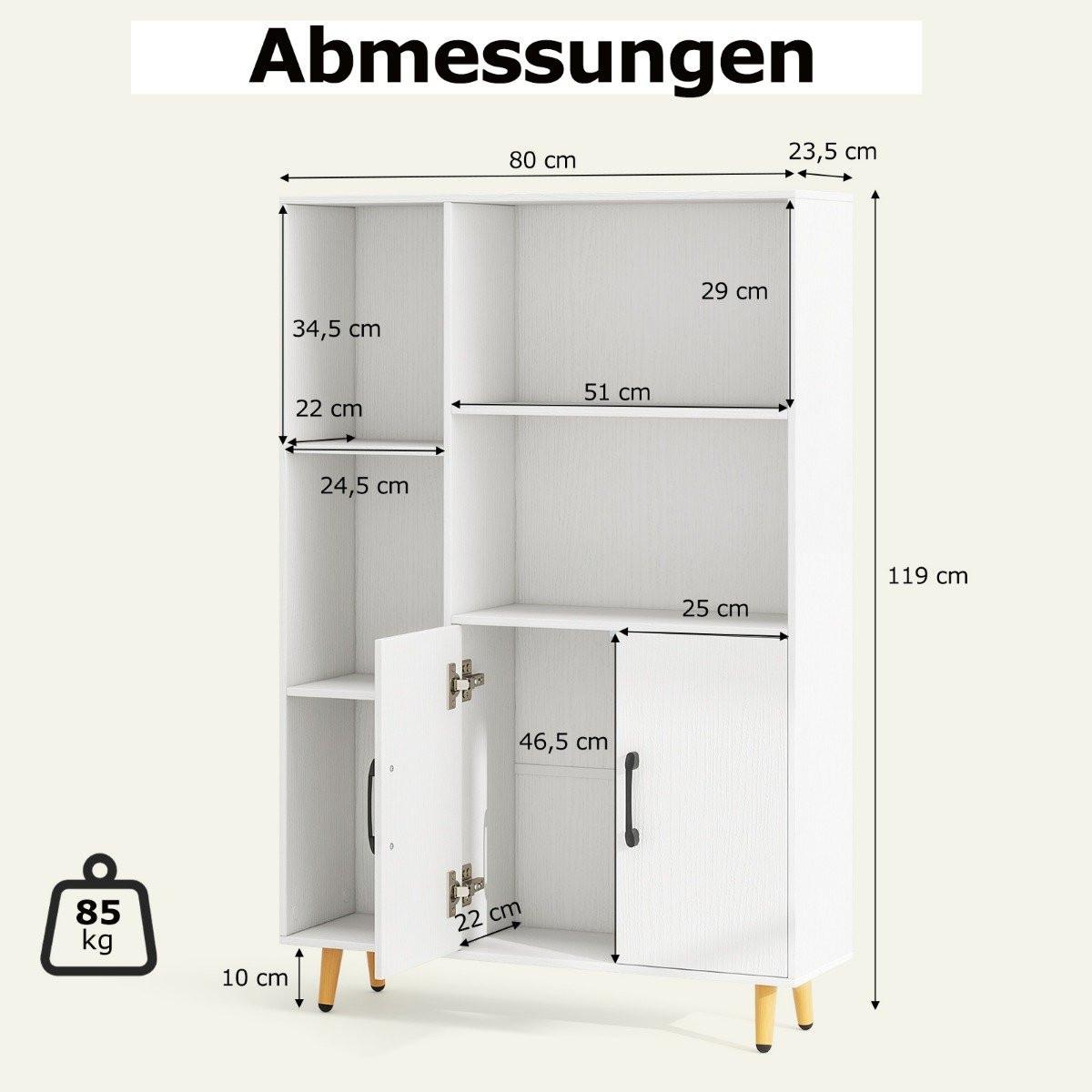 Northix Bücherschrank Weiß Bücherregal mit Türen und offenes Fächern 80 x 23,5 x 119 cm  
