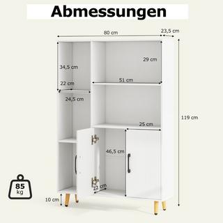 Northix Bücherschrank Weiß Bücherregal mit Türen und offenes Fächern 80 x 23,5 x 119 cm  