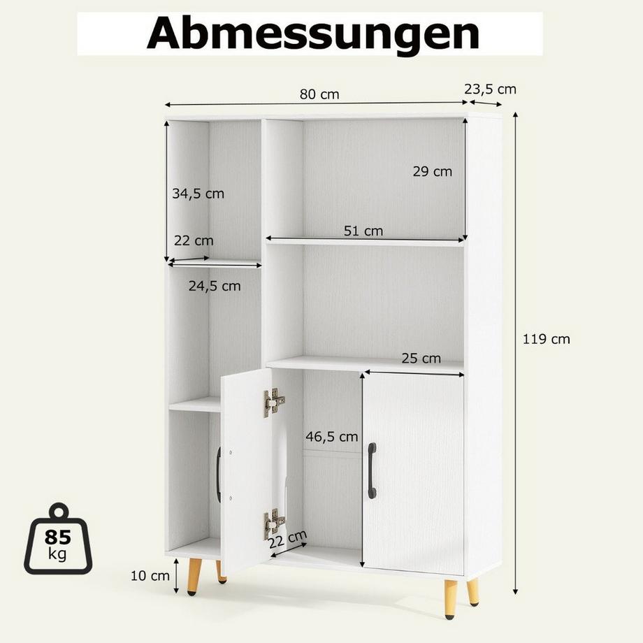 Northix Bücherschrank Weiß Bücherregal mit Türen und offenes Fächern 80 x 23,5 x 119 cm  