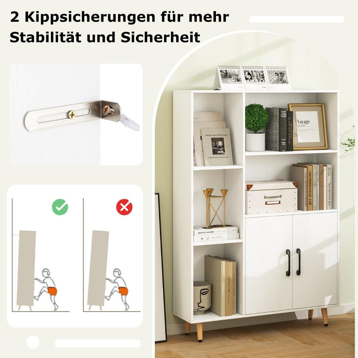 Northix Bücherschrank Weiß Bücherregal mit Türen und offenes Fächern 80 x 23,5 x 119 cm  