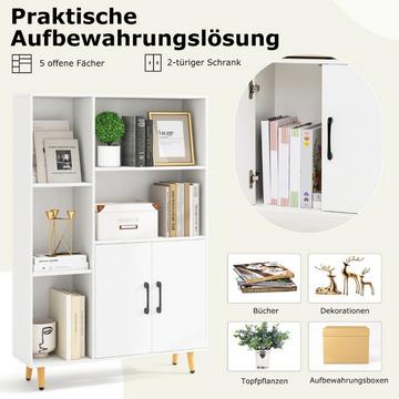 Bücherschrank Weiß Bücherregal mit Türen und offenes Fächern 80 x 23,5 x 119 cm