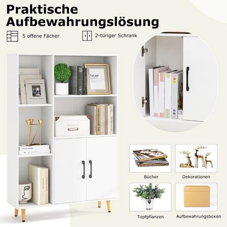Northix Bücherschrank Weiß Bücherregal mit Türen und offenes Fächern 80 x 23,5 x 119 cm  
