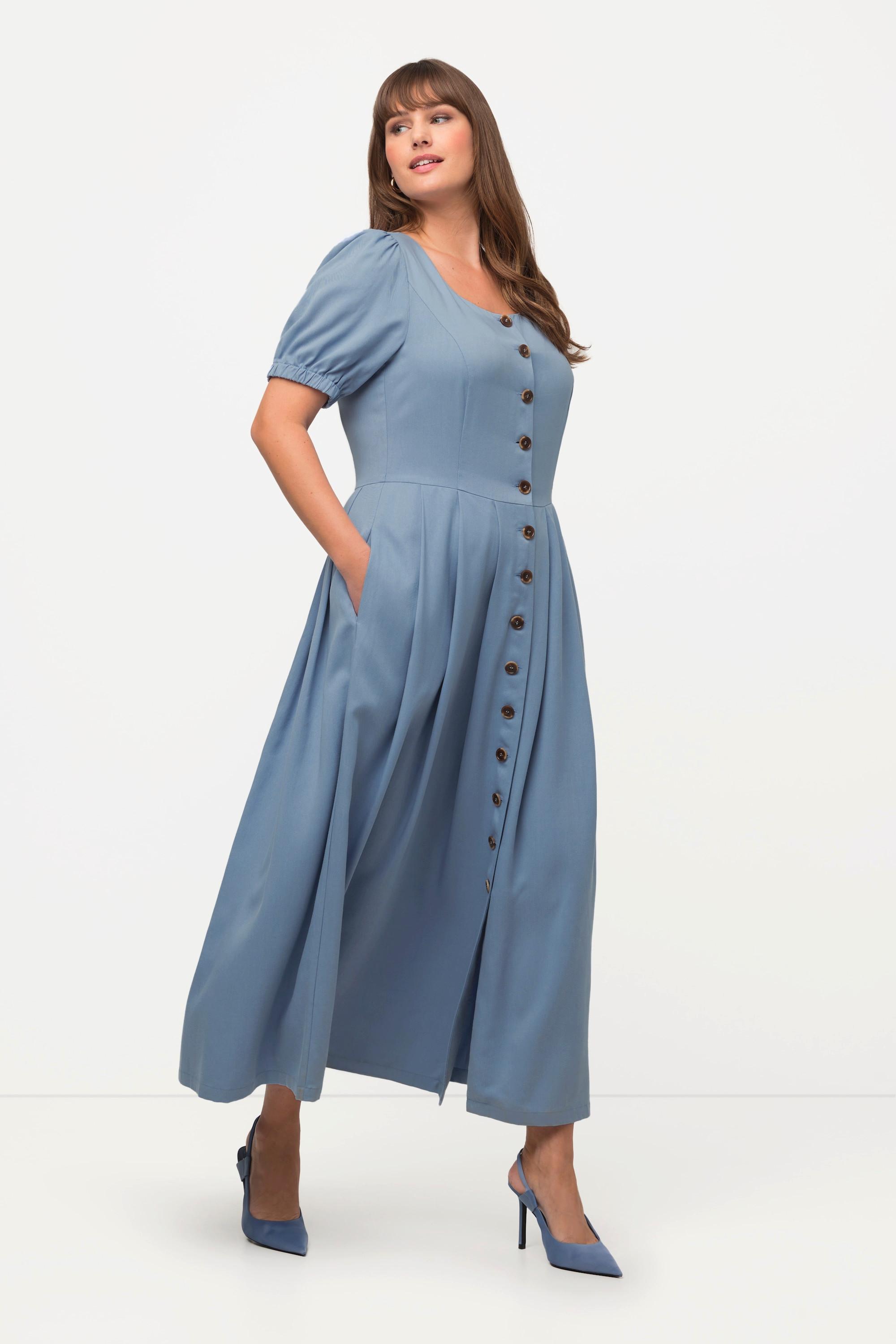 Ulla Popken  Robe midi, Imitation jean, col rond, manches courtes bouffantes, Tencel 