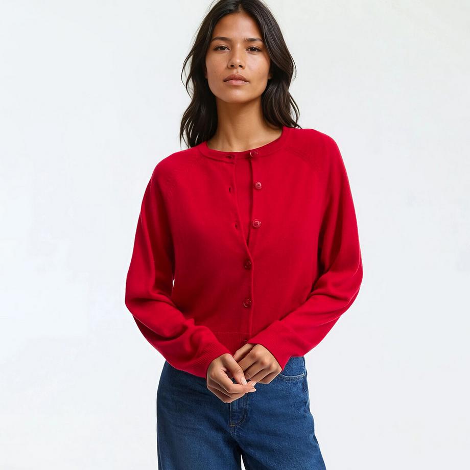 Strickjacke mit Rundhalsausschnitt aus feinem Strick aus 100% Wolle