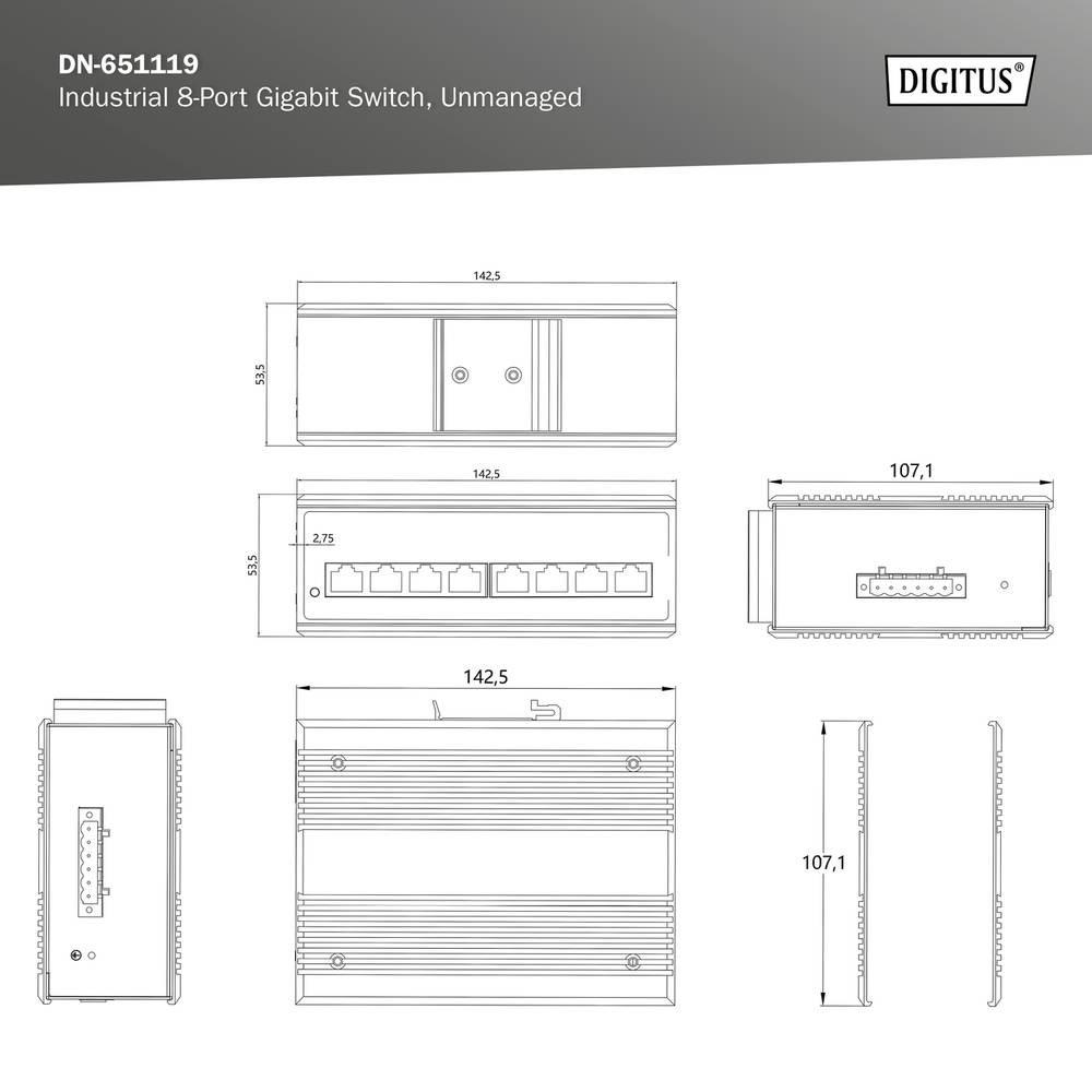 Digitus  Industrial 8-Port Gigabit Switch DIN rail, erweiterter Temperaturbereich 