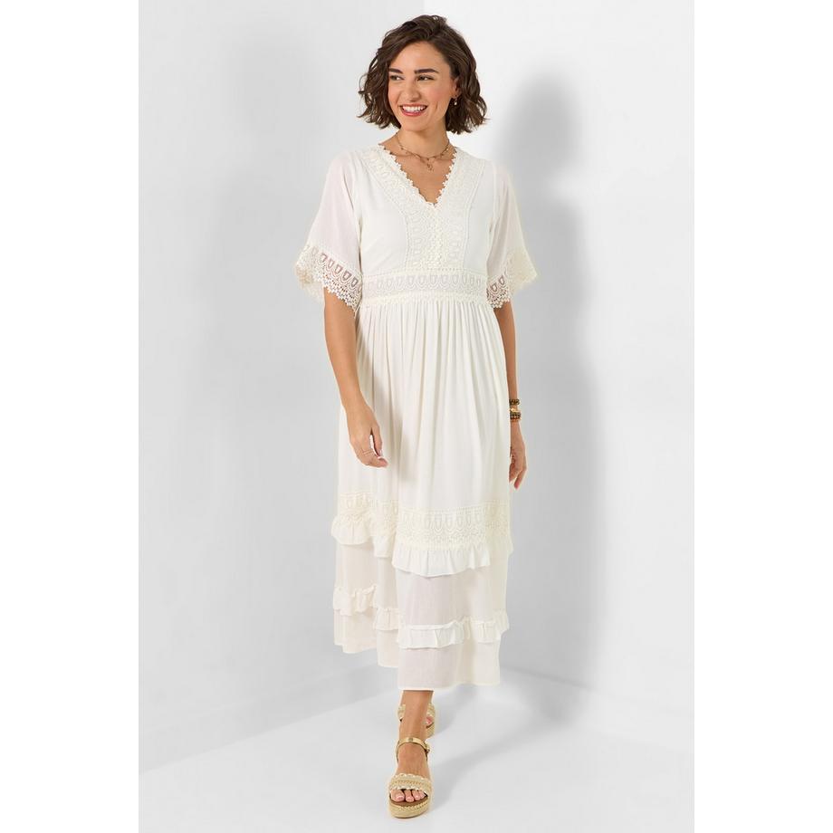 Robe Maxi Froissée avec Finition Dentelle et Ceinture Taille Froncée