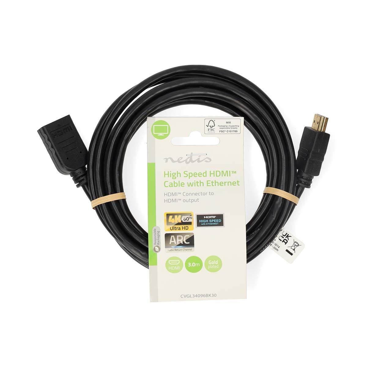 Nedis  Câble HDMI™ haute vitesse avec Ethernet | Connecteur HDMI™ | Sortie HDMI™ | 4K à 60 Hz | ARC | 10,2 Gbit/s | 3,00 m | Rond | PVC | Noir | Étiquette 