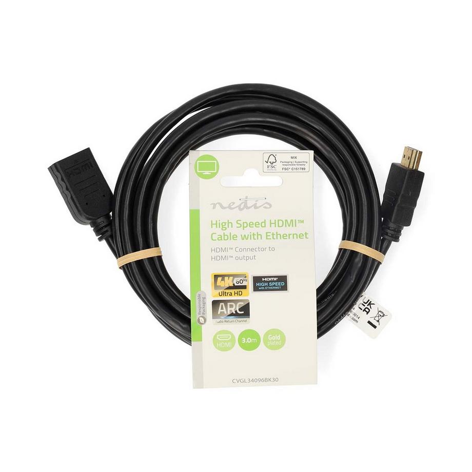 Nedis  Câble HDMI™ haute vitesse avec Ethernet | Connecteur HDMI™ | Sortie HDMI™ | 4K à 60 Hz | ARC | 10,2 Gbit/s | 3,00 m | Rond | PVC | Noir | Étiquette 