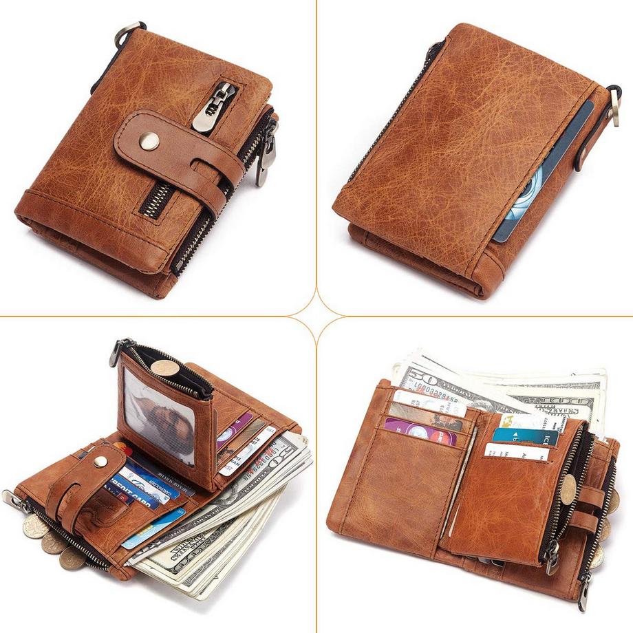 Only-bags.store Portefeuille en Cuir avec Protection RFID Portefeuille Fin avec Chaîne Petit Portefeuille en Cuir Véritable 15 emplacements pour cartes et Poche à Monnaie Zippée  