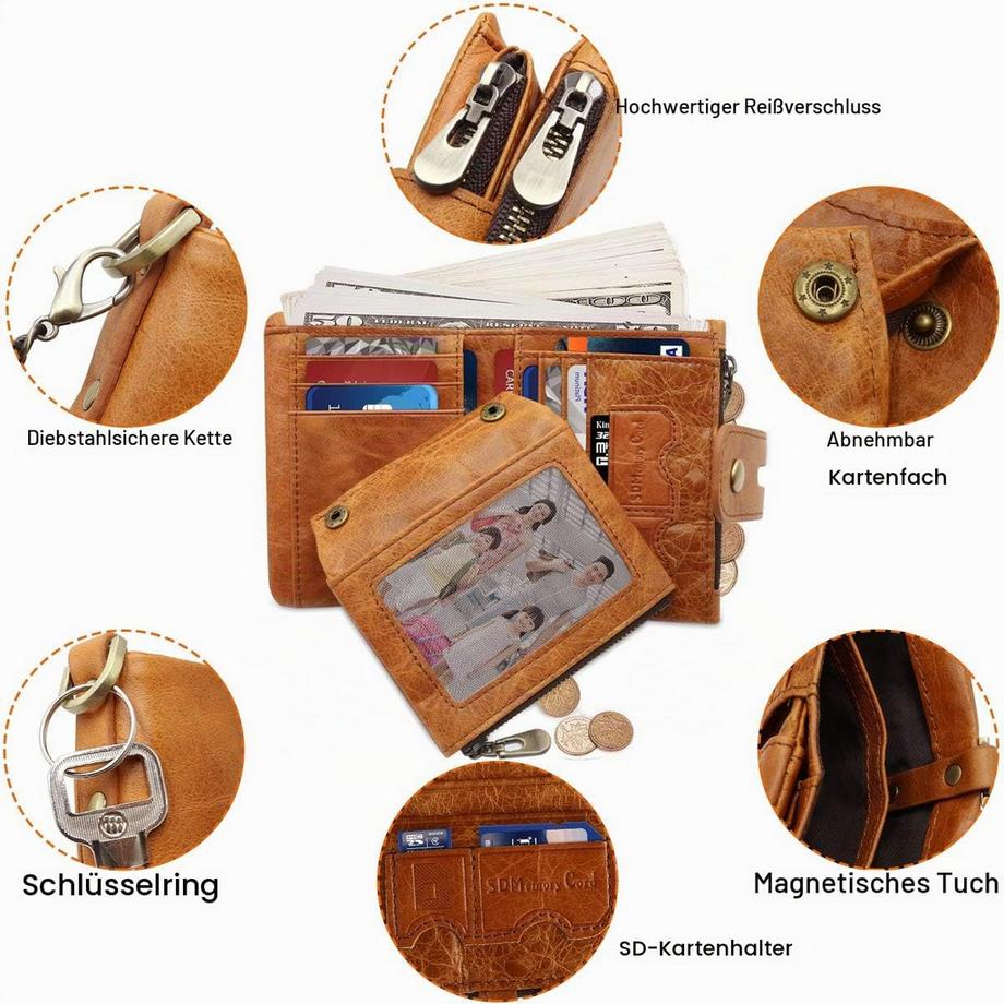 Only-bags.store Portefeuille en Cuir avec Protection RFID Portefeuille Fin avec Chaîne Petit Portefeuille en Cuir Véritable 15 emplacements pour cartes et Poche à Monnaie Zippée  