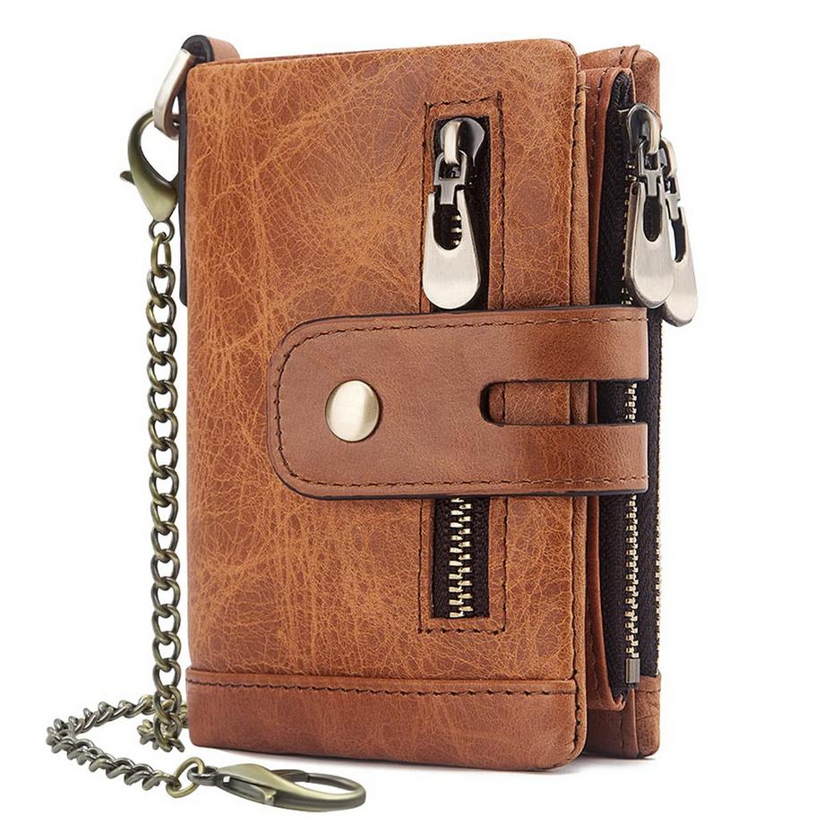 Portefeuille en Cuir avec Protection RFID Portefeuille Fin avec Chaîne Petit Portefeuille en Cuir Véritable 15 emplacements pour cartes et Poche à Monnaie Zippée