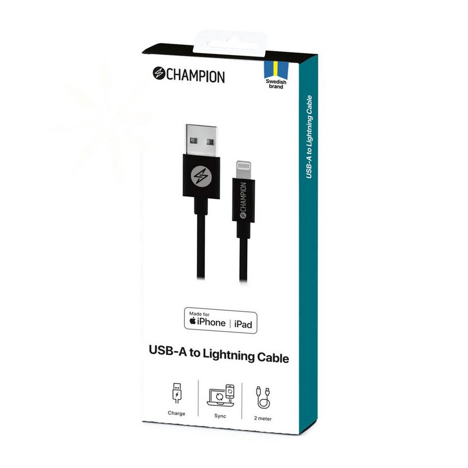 Champion  USB-A-auf-Lightning-Kabel, 2 m, Schwarz 