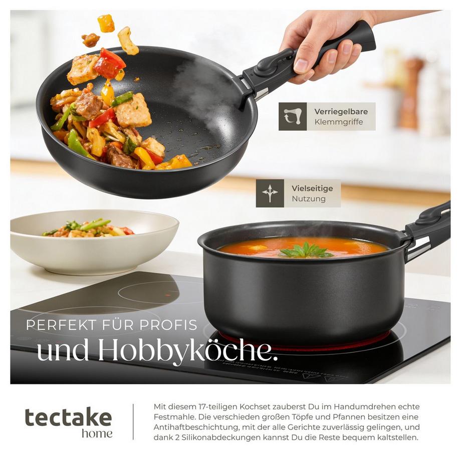 Tectake Küchenstarterset Una/Parma Geschirrset aus Steingut, mit Glasur 4 Pfannen und 2 Töpfe mit Glasdeckel, rostfreies Aluminium mit Antihaftbeschichtung, induktionsgeeignet  