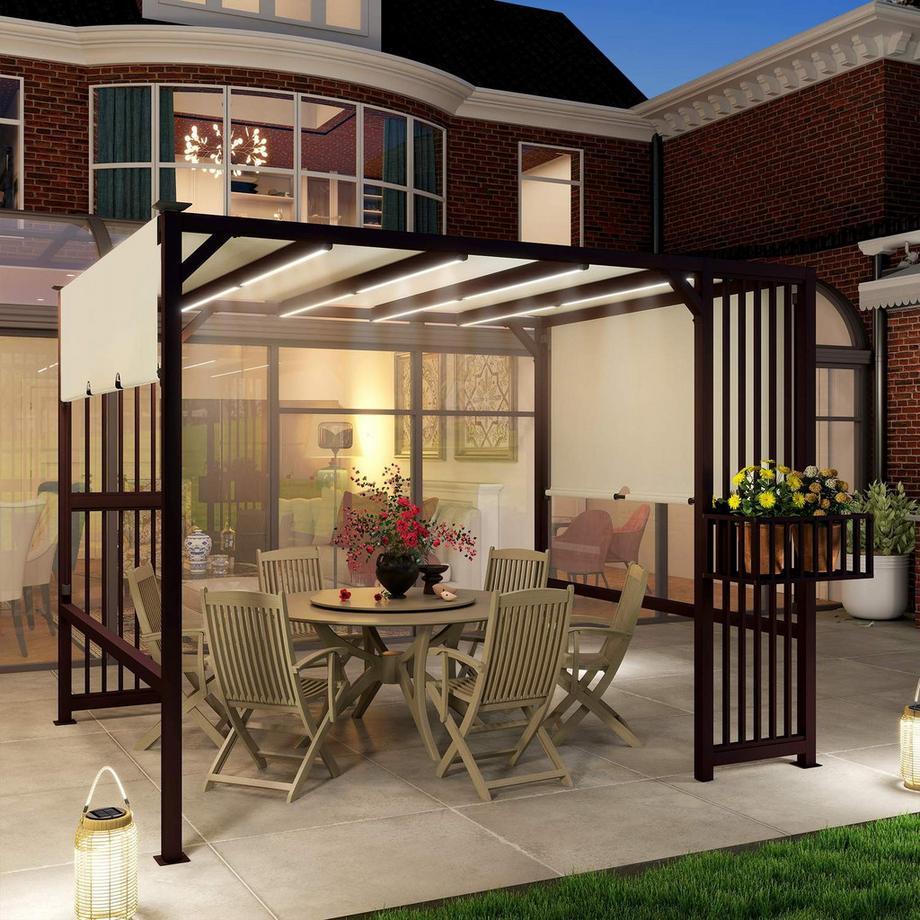 Northio Pergola Pavillon 3x2,5m UV 30+Stabil winterfest Sonnenschutz mit verstellbar Schiebedach Sichtschutz Pflanzgefäße freistehend Gartenpavillon Terrassenüberdachung für Garten Balkon Dunkelbraun |  