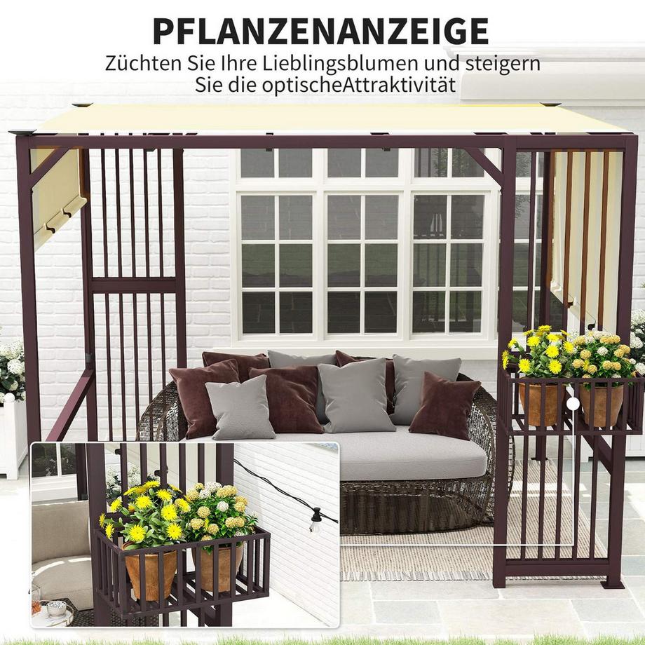 Northio Pergola Pavillon 3x2,5m UV 30+Stabil winterfest Sonnenschutz mit verstellbar Schiebedach Sichtschutz Pflanzgefäße freistehend Gartenpavillon Terrassenüberdachung für Garten Balkon Dunkelbraun |  