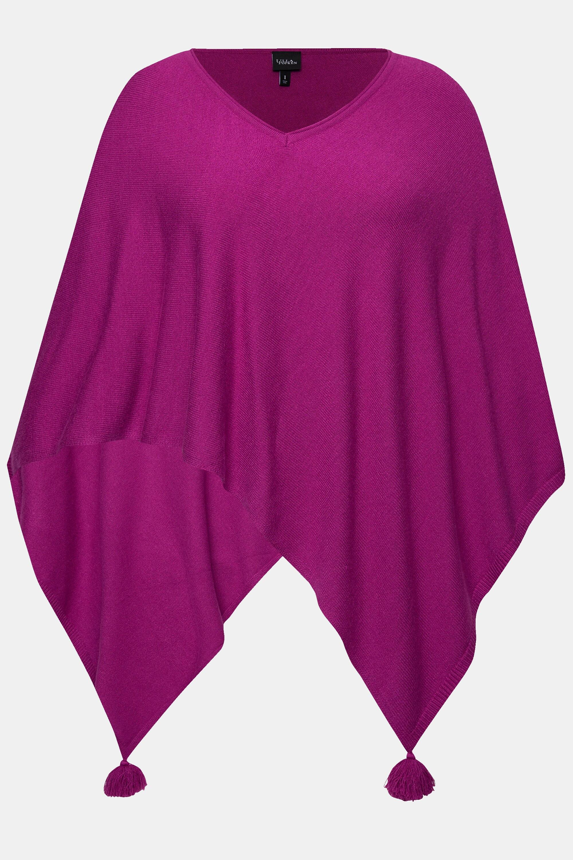 Ulla Popken  Poncho en maille, finition en pointe, pompon, col en V, sans manches 