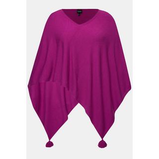 Ulla Popken  Poncho en maille, finition en pointe, pompon, col en V, sans manches 