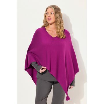 Poncho en maille, finition en pointe, pompon, col en V, sans manches