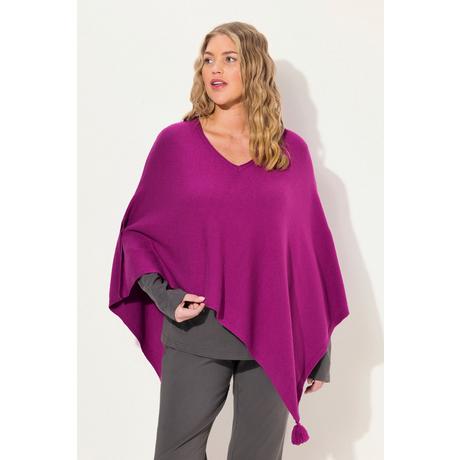 Ulla Popken  Poncho en maille, finition en pointe, pompon, col en V, sans manches 