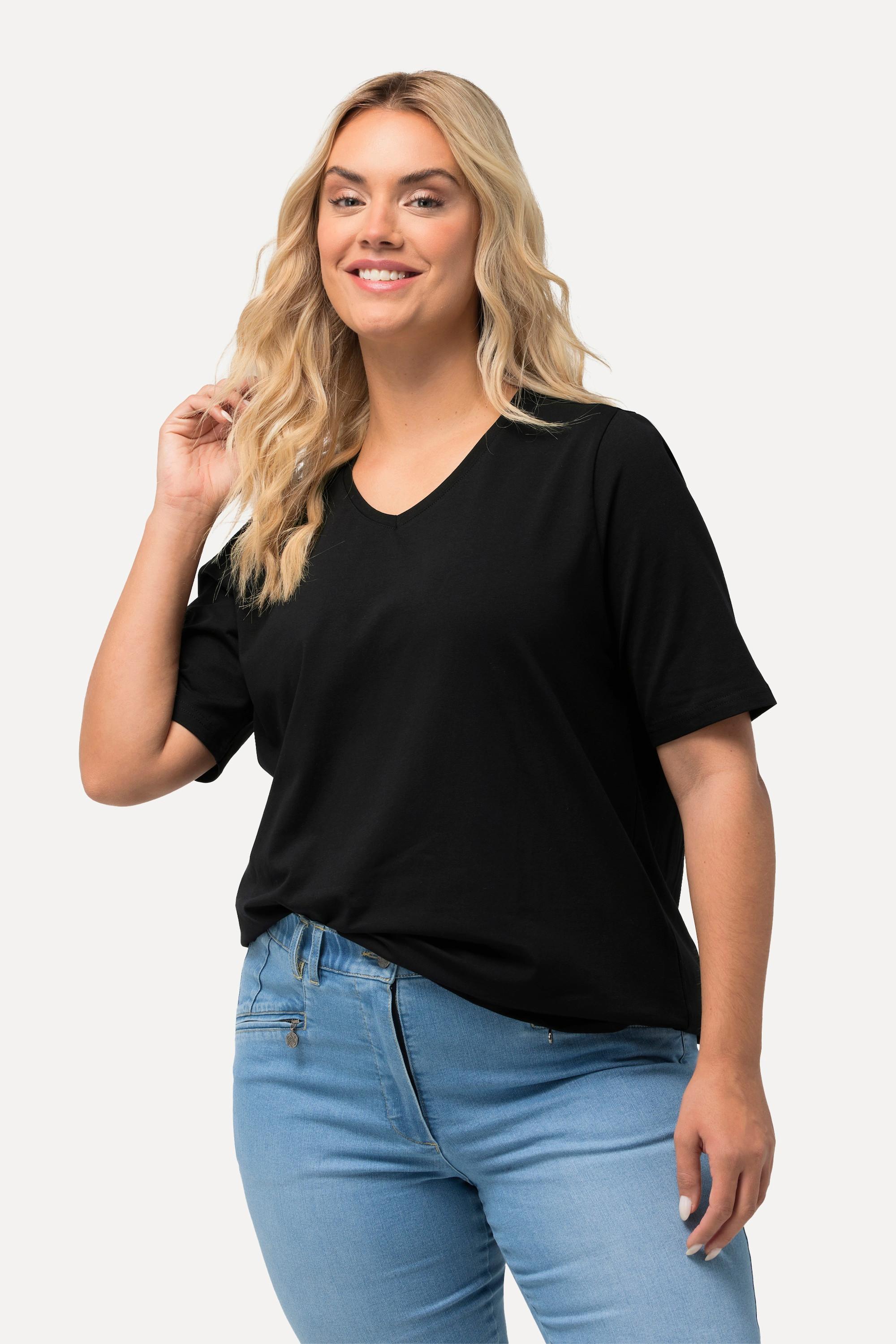 Ulla Popken  T-shirt dal taglio svasato con scollo a V e mezze maniche 