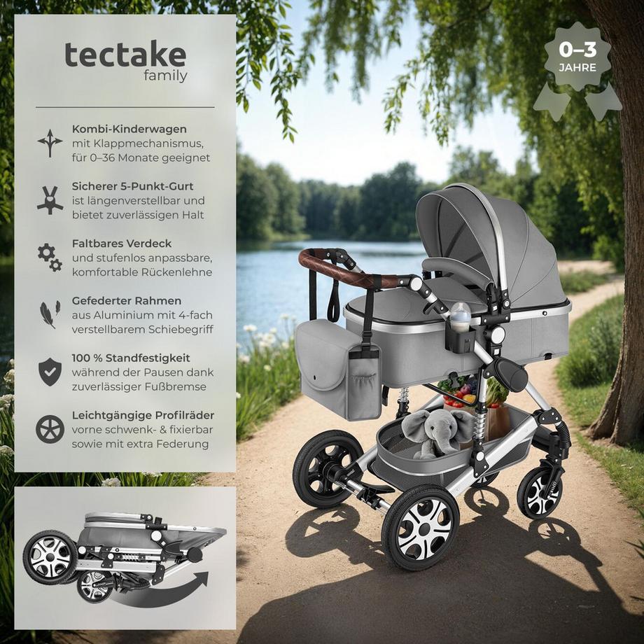 Tectake  Kombi-Kinderwagen Mats 2 in 1, klappbar, mit 5-Punkt-Gurt, Bremse, Schutzbügel und Handschlaufe verstellbare Rückenlehne und Schiebegriff, faltbares Verdeck 