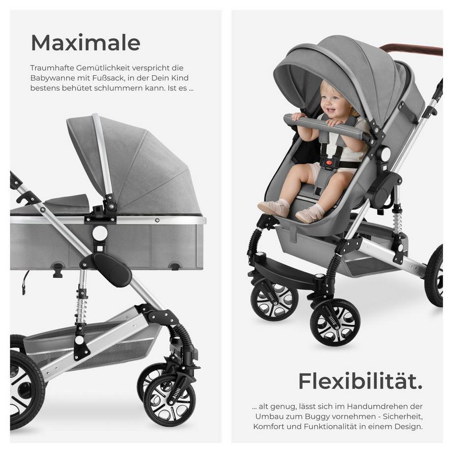 Tectake  Kombi-Kinderwagen Mats 2 in 1, klappbar, mit 5-Punkt-Gurt, Bremse, Schutzbügel und Handschlaufe verstellbare Rückenlehne und Schiebegriff, faltbares Verdeck 
