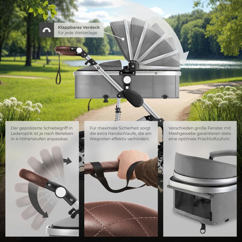 Tectake  Kombi-Kinderwagen Mats 2 in 1, klappbar, mit 5-Punkt-Gurt, Bremse, Schutzbügel und Handschlaufe verstellbare Rückenlehne und Schiebegriff, faltbares Verdeck 